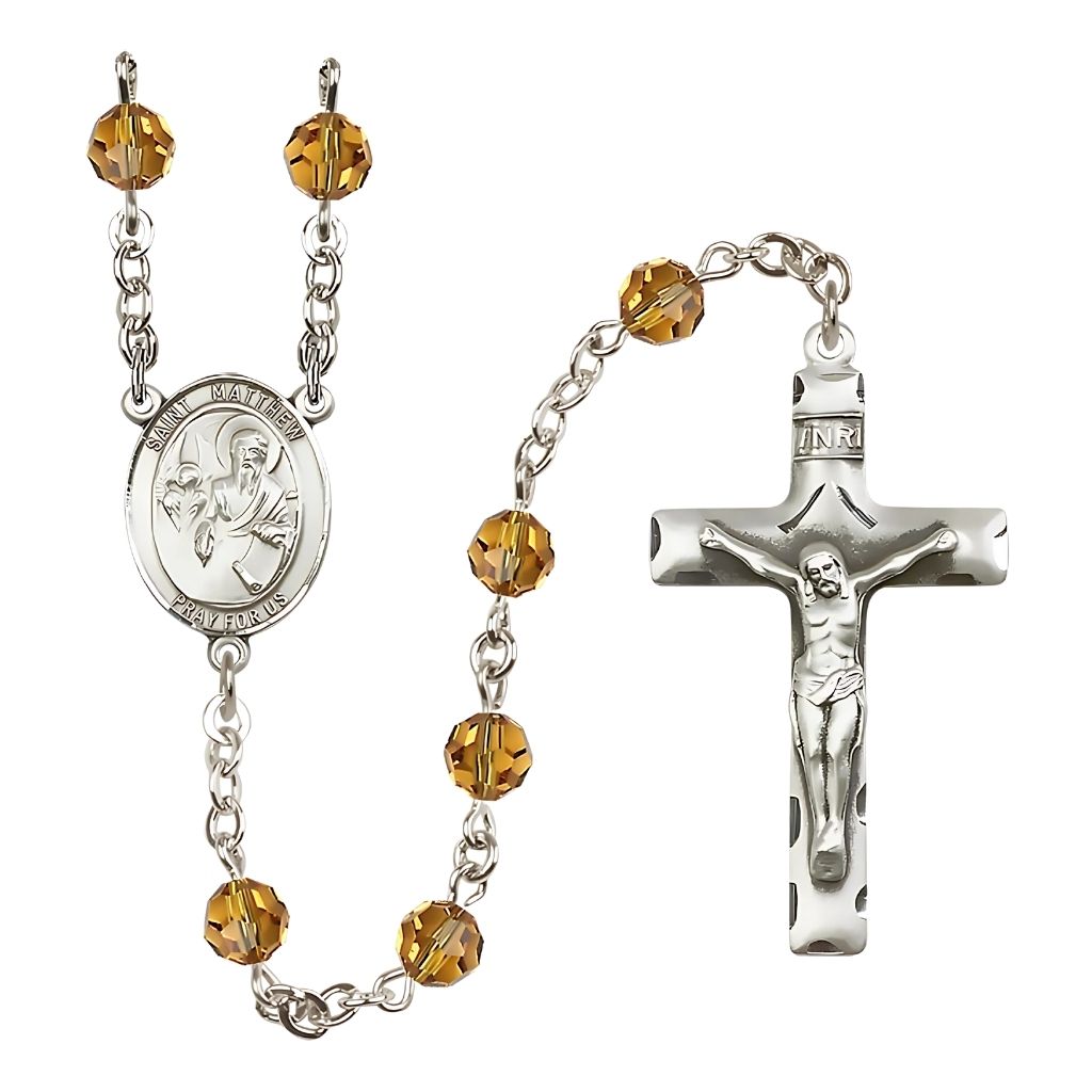 Bliss St. Matthew the Apostle Birthstone Sterling Silver Rosary in 6mm Austrian Crystal Topaz