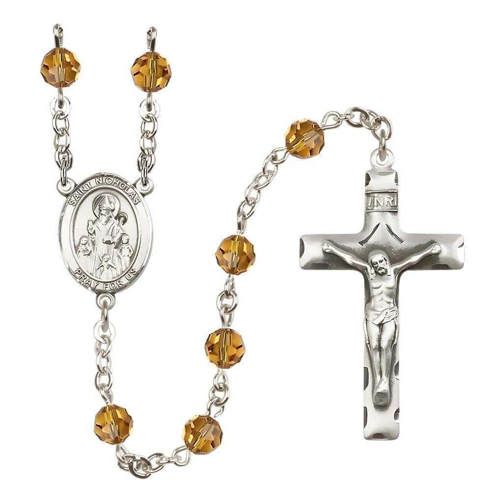 Bliss St. Nicholas Rosary, November Birthstone 6mm Topaz Austrian Crystal Beads with Sterling Silver Centerpiece and Crucifix