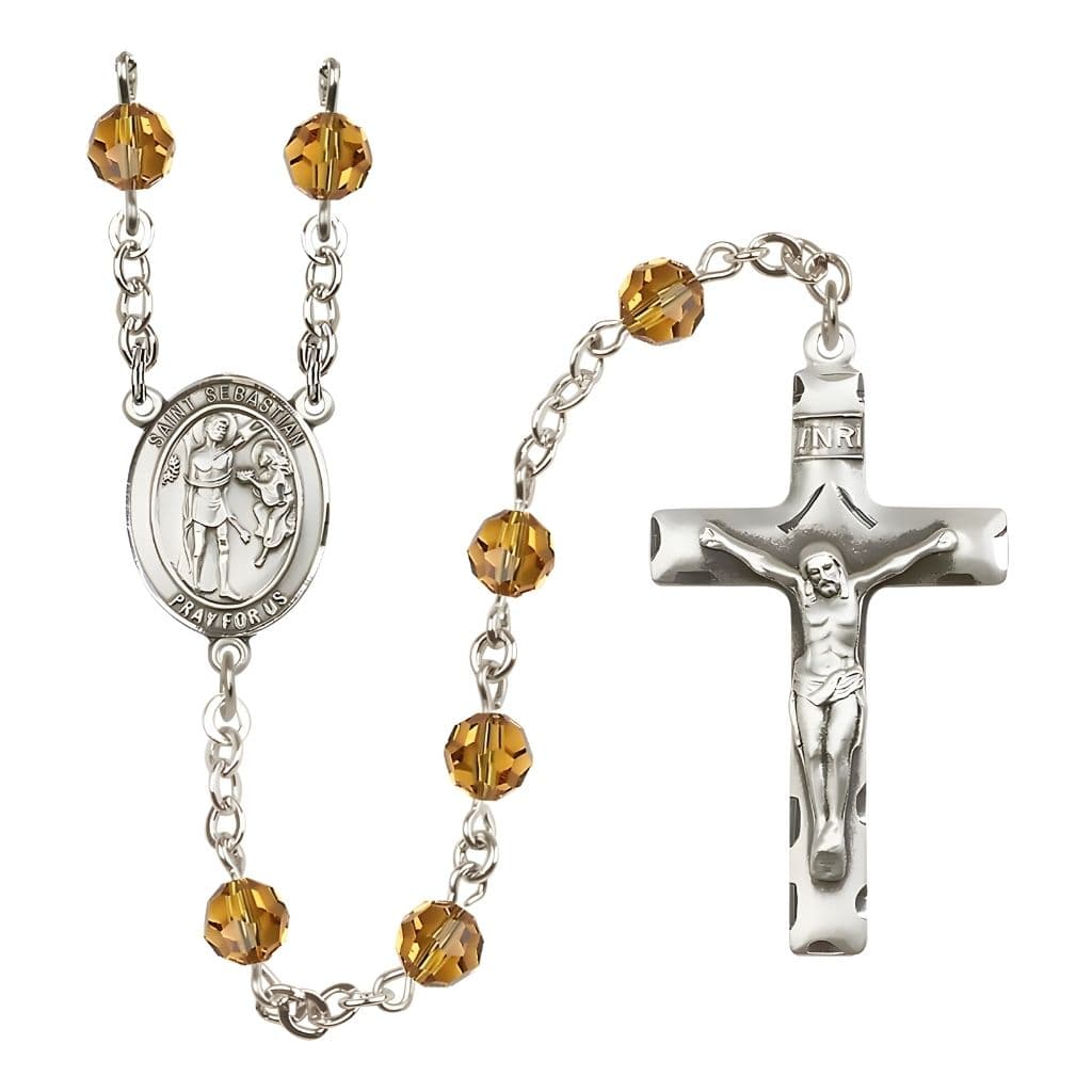 Bliss St. Sebastian Engravable Rosary with Sterling Silver Crucifix and Centerpiece, Birthstone 6mm Austrian Crystal Topaz Beads for November