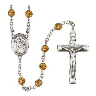 St. Sebastian Engravable Rosary with Sterling Silver Crucifix and Centerpiece, Birthstone 6mm Austrian Crystal Topaz Beads for November, Bliss Manufacturing