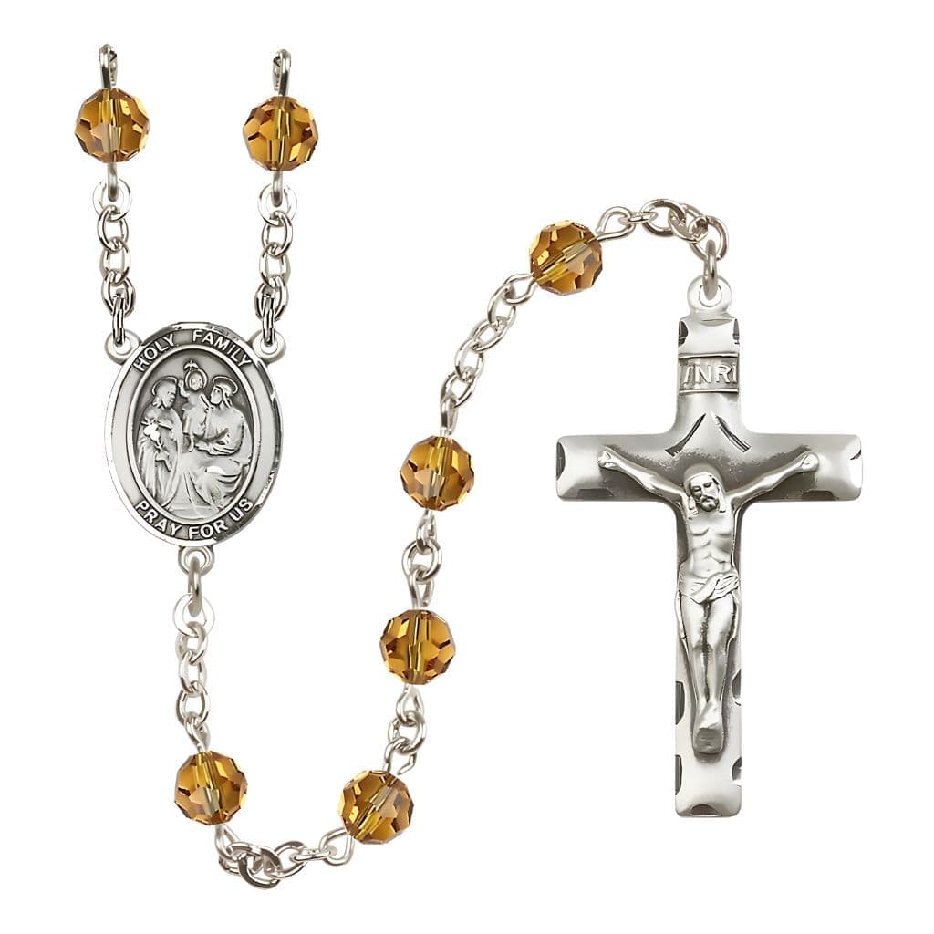 Bliss Holy Family Engravable Rosary with Sterling Silver Crucifix and Centerpiece, Birthstone 6mm Austrian Crystal Topaz Beads for November