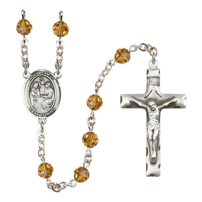 Holy Family Engravable Rosary with Sterling Silver Crucifix and Centerpiece, Birthstone 6mm Austrian Crystal Topaz Beads for November, Bliss Manufacturing