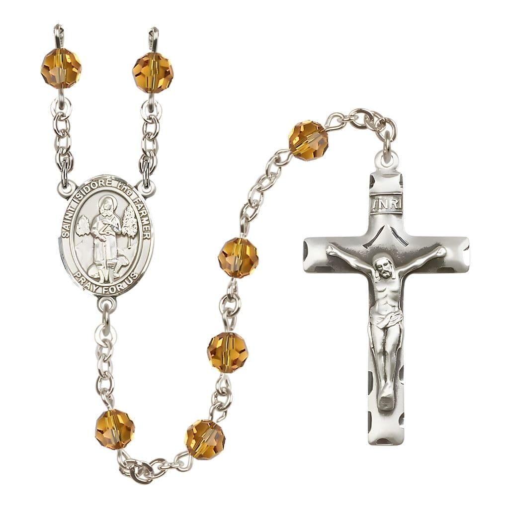 Bliss St. Isidore the Farmer Engravable Rosary with Sterling Silver Traditional Crucifix and Centerpiece, Birthstone 6mm Austrian Crystal Topaz Beads for November