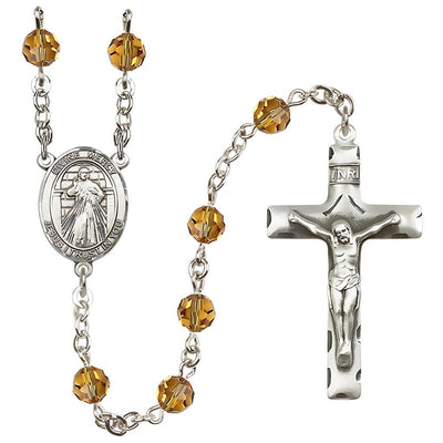Jesus Divine Mercy Engravable Rosary with Sterling Silver Crucifix and Centerpiece, Birthstone 6mm Austrian Crystal Topaz Beads for November, Bliss Manufacturing