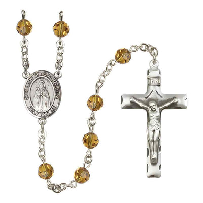 Our Lady of Rosa Mystica Rosary with Sterling Silver Traditional Crucifix and Centerpiece, Birthstone 6mm Austrian Crystal Topaz Beads for November