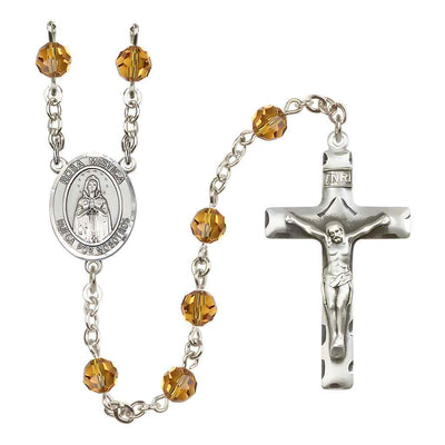 Spanish Rosa Mystica Rosary with Sterling Silver Traditional Crucifix and Centerpiece, Birthstone 6mm Austrian Crystal Topaz Beads for November