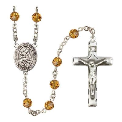 Our Lady of the Precious Blood Rosary with Sterling Silver Traditional Crucifix and Centerpiece, Birthstone 6mm Austrian Crystal Topaz Beads for November