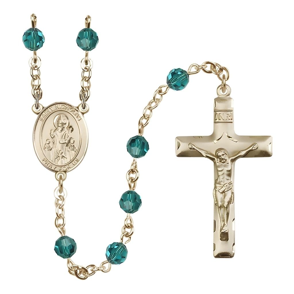Bliss St. Nicholas Rosary, December Birthstone 6mm Zircon Austrian Crystal Beads with 14kt Gold-filled Centerpiece and Crucifix
