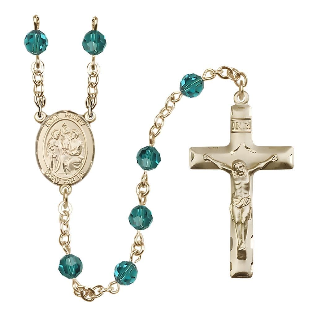 Bliss Holy Family Engravable Rosary with Gold-filled Crucifix and Centerpiece, Birthstone 6mm Austrian Crystal Zircon Beads for December
