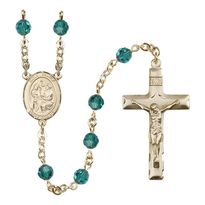 Holy Family Engravable Rosary with Gold-filled Crucifix and Centerpiece, Birthstone 6mm Austrian Crystal Zircon Beads for December, Bliss Manufacturing