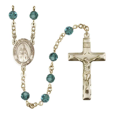 Our Lady of Rosa Mystica Rosary with Gold-filled Traditional Crucifix and Centerpiece, Birthstone 6mm Austrian Crystal Zircon Beads for December