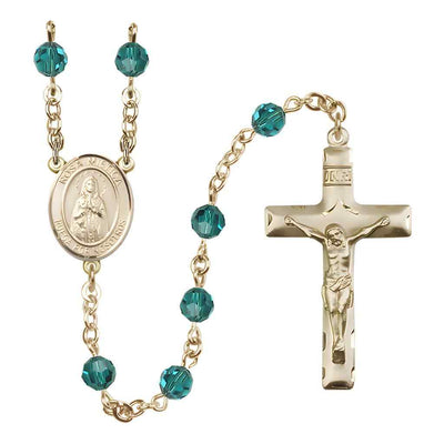 Spanish Rosa Mystica Rosary with Gold-filled Traditional Crucifix and Centerpiece, Birthstone 6mm Austrian Crystal Zircon Beads for December