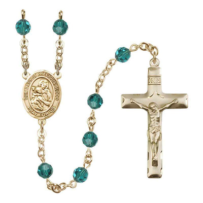 Our Lady of the Precious Blood Rosary with Gold-filled Traditional Crucifix and Centerpiece, Birthstone 6mm Austrian Crystal Zircon Beads for December