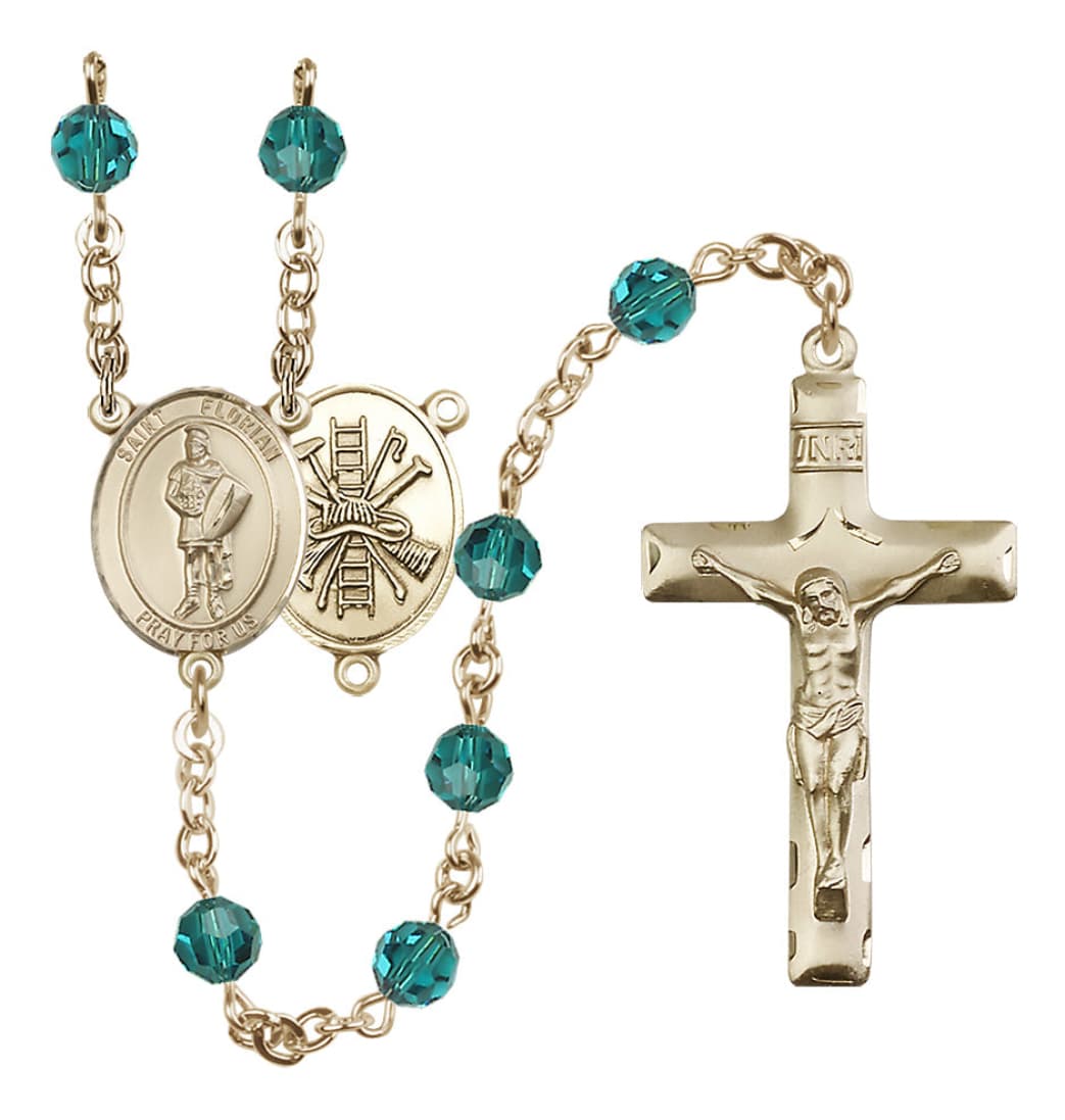 Bliss St Florian Firefighter 14kt Gold 6mm Austrian Crystal Zircon December Birthstone Rosary,