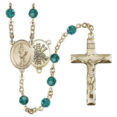 St. Florian centerpiece with firefighter gear on back Birthstone 14kt Gold Rosary with Zircon 6mm Austrian crystal beads with a traditional crucifix, Bliss Manufacturing