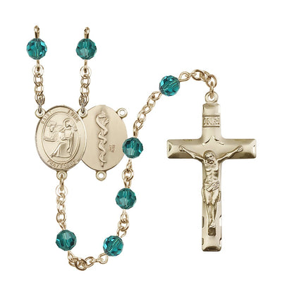 Doctor St Luke the Apostle 14kt Gold 6mm Austrian Crystal Rosary in Zircon/Dec, Bliss Manufacturing