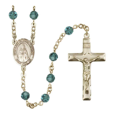 Our Lady of Rosa Mystica Rosary with 14kt Gold Traditional Crucifix and Centerpiece, Birthstone 6mm Austrian Crystal Zircon Beads for December