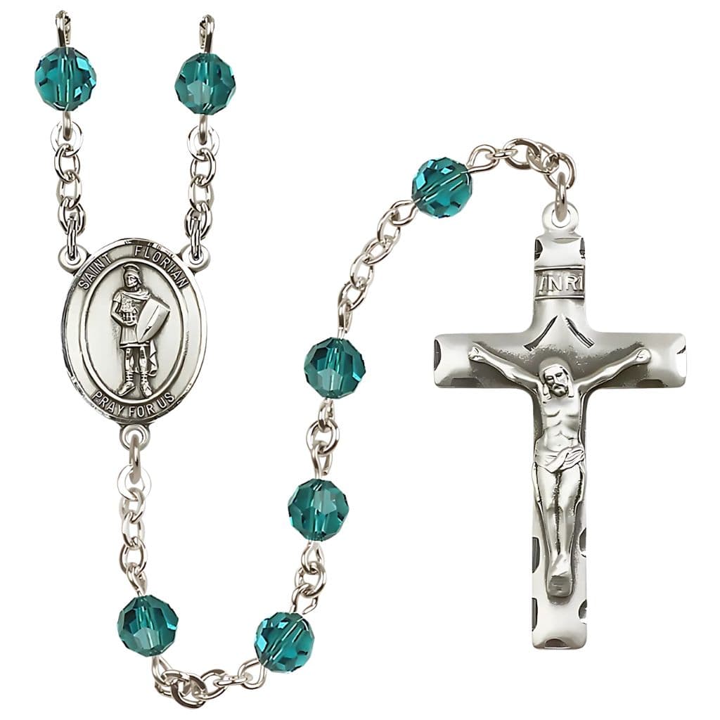 Bliss St. Florian Sterling Silver Rosary with Birthstone 6mm Round Austrian Crystal beads in Zircon