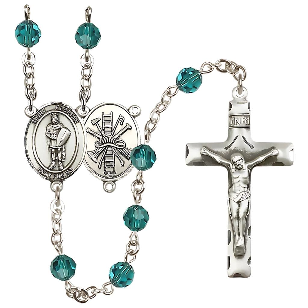 Bliss St Florian Firefighter Sterling Silver 6mm Austrian Zircon Crystal Birthstone Rosary with Ladder and Hat on Back,