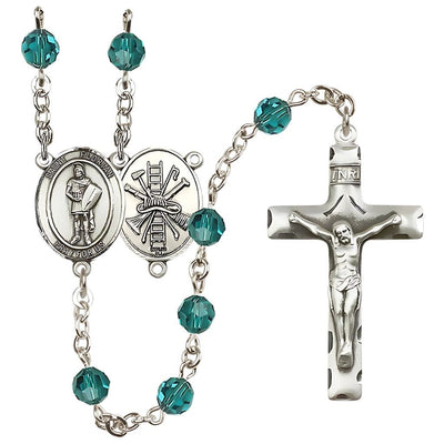 St Florian Firefighter Sterling Silver 6mm Austrian Zircon Crystal Birthstone Rosary with Ladder and Hat on Back, Bliss Manufacturing
