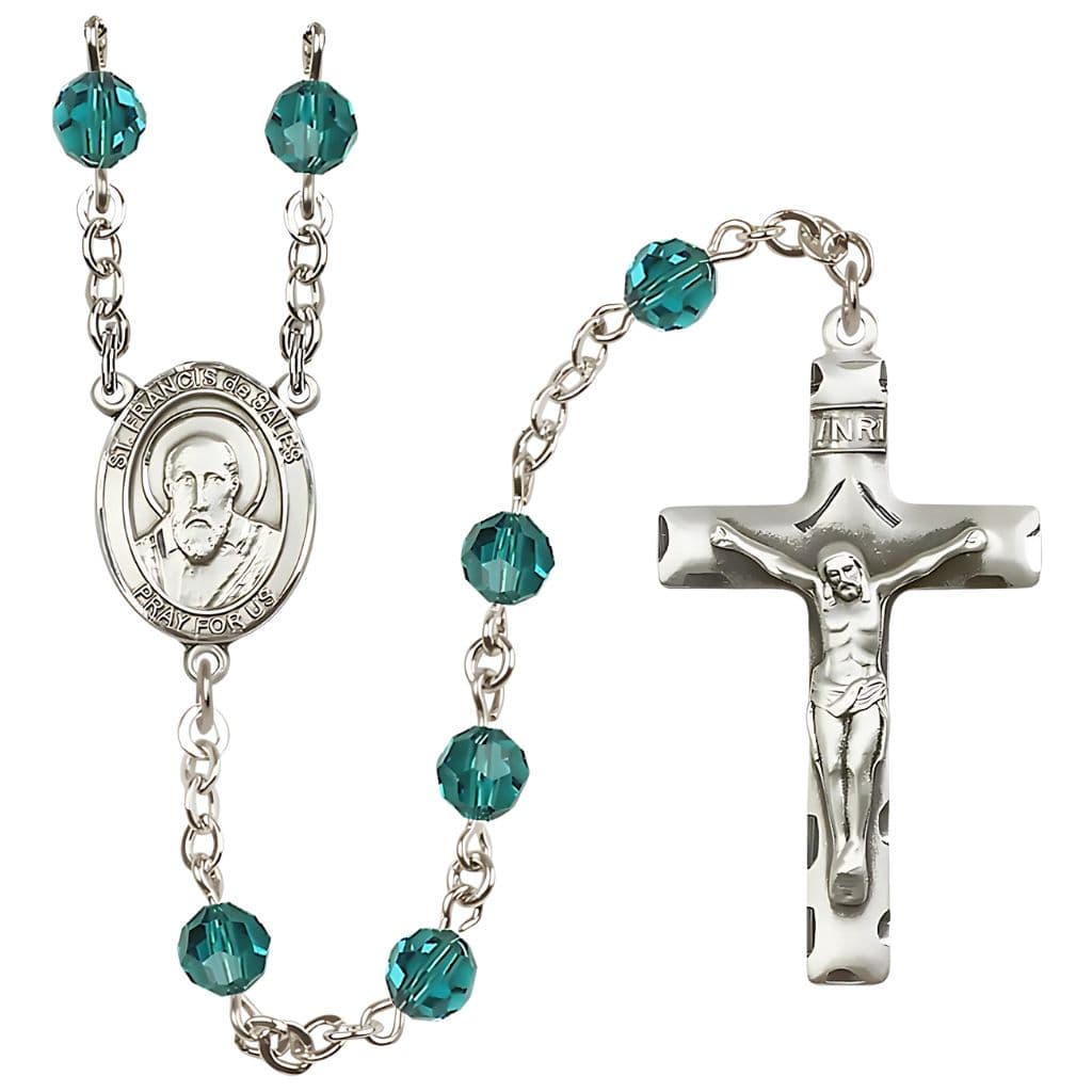 St. Francis de Sales Rosary with 6mm Zircon Austrian Crystal Beads and Sterling Silver,