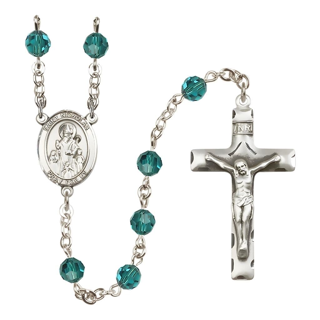Bliss St. Nicholas Rosary, December Birthstone 6mm Zircon Austrian Crystal Beads with Sterling Silver Centerpiece and Crucifix