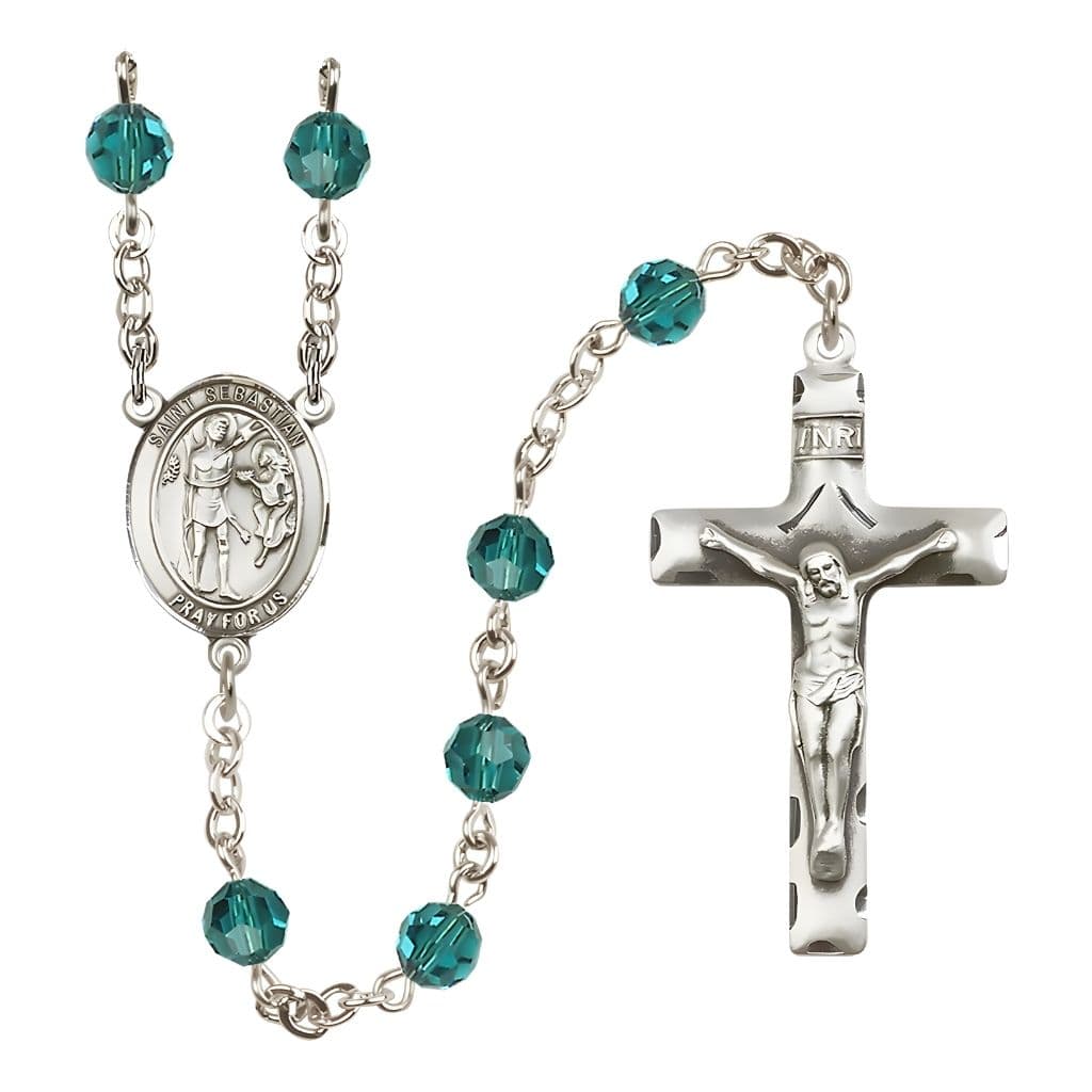 Bliss St. Sebastian Engravable Rosary with Sterling Silver Crucifix and Centerpiece, Birthstone 6mm Austrian Crystal Zircon Beads for December