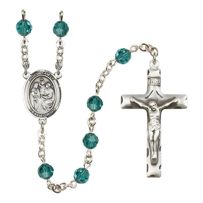 Holy Family Engravable Rosary with Sterling Silver Crucifix and Centerpiece, Birthstone 6mm Austrian Crystal Zircon Beads for December, Bliss Manufacturing
