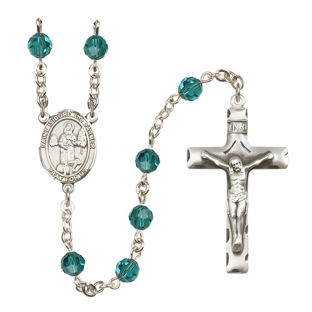 Bliss St. Isidore the Farmer Engravable Rosary with Sterling Silver Traditional Crucifix and Centerpiece, Birthstone 6mm Austrian Crystal Zircon Beads for December