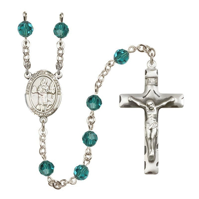 St. Isidore the Farmer Engravable Rosary with Sterling Silver Traditional Crucifix and Centerpiece, Birthstone 6mm Austrian Crystal Zircon Beads for December, Bliss Manufacturing