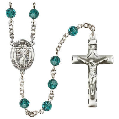 Jesus Divine Mercy Engravable Rosary with Sterling Silver Crucifix and Centerpiece, Birthstone 6mm Austrian Crystal Zircon Beads for December, Bliss Manufacturing