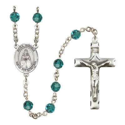 Spanish Rosa Mystica Rosary with Sterling Silver Traditional Crucifix and Centerpiece, Birthstone 6mm Austrian Crystal Zircon Beads for December