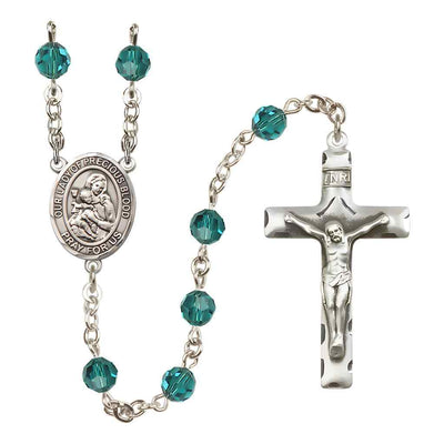 Our Lady of the Precious Blood Rosary with Sterling Silver Traditional Crucifix and Centerpiece, Birthstone 6mm Austrian Crystal Zircon Beads for December