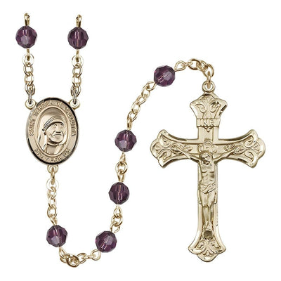 St. Teresa of Calcutta Crystal 14kt Gold Rosary with 6mm Amethyst Austrian crystal beads, Bliss Manufacturing