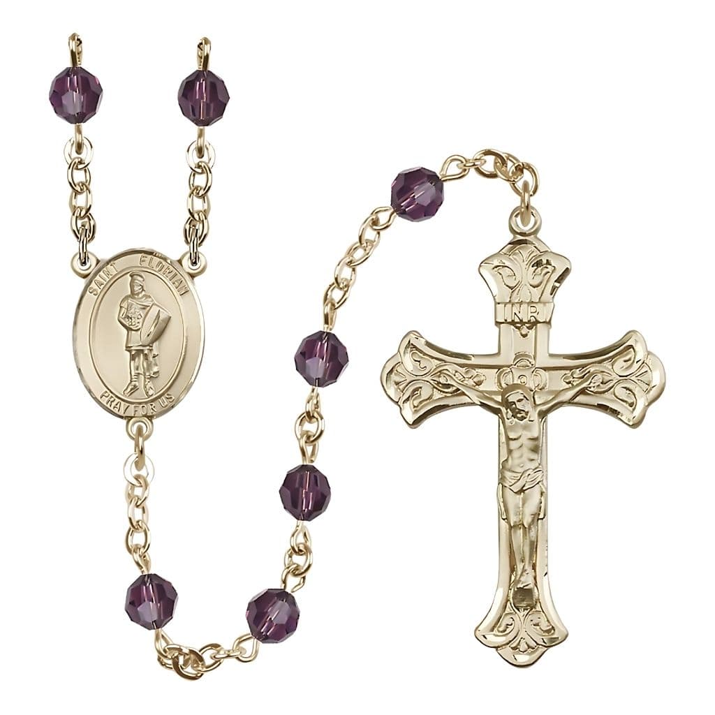 Bliss St. Florian Gold-filled Crystal Scalloped Flared Crucifix Rosary with Amethyst Beads
