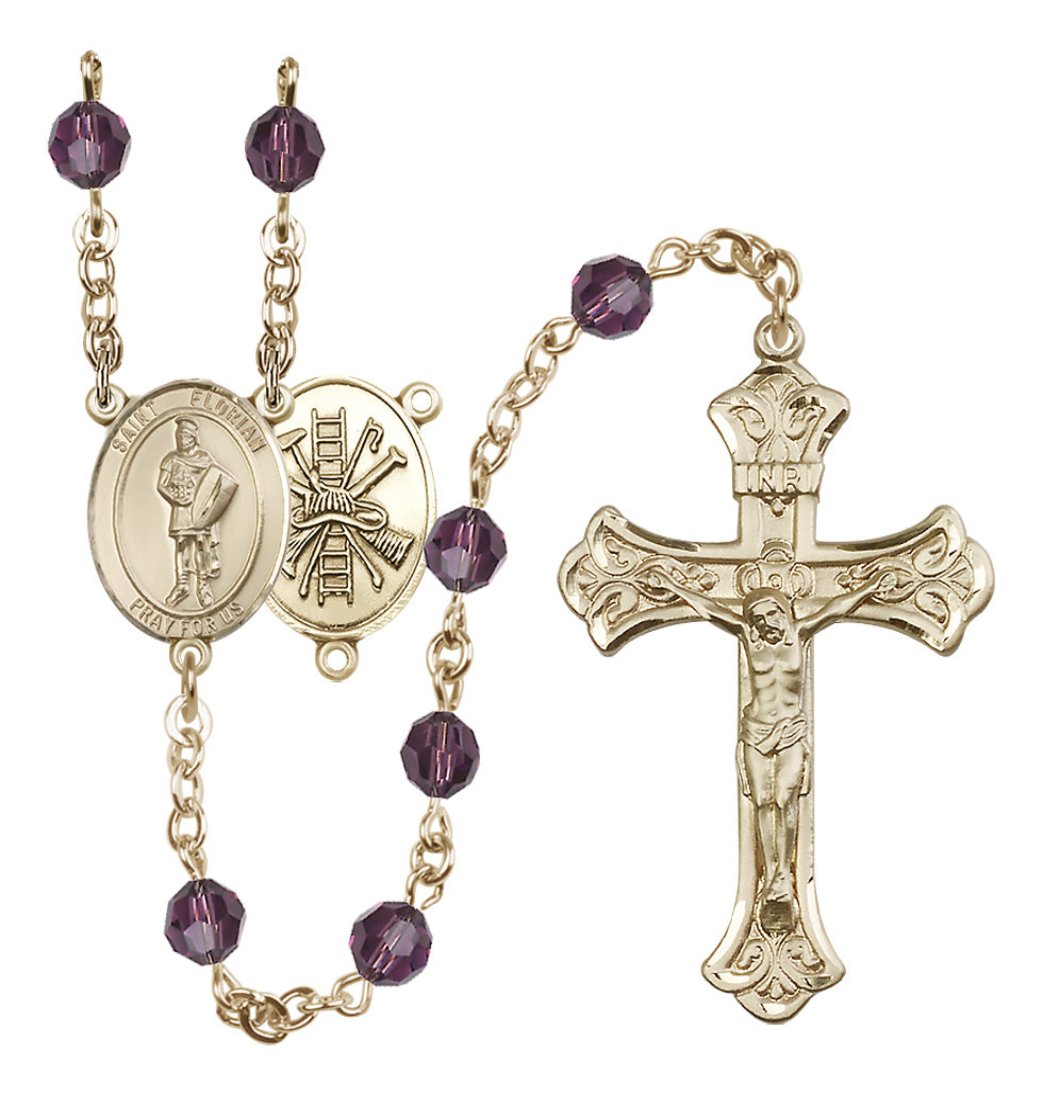 Bliss St Florian Firefighter Gold-filled Crystal Flared Crucifix Rosary in Amethyst February Birthstone,