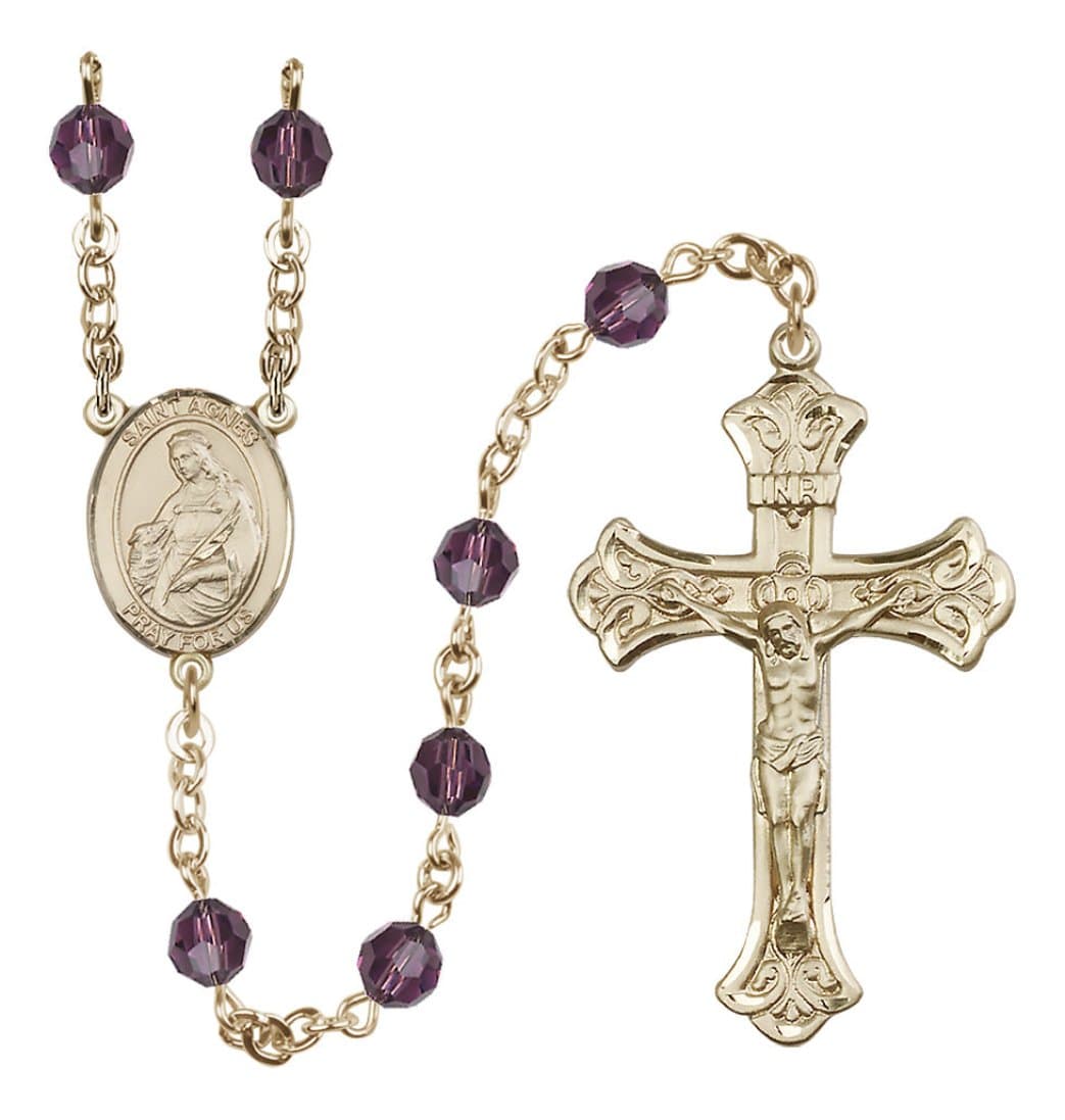 Bliss 14kt Gold 6mm Austrian Crystal Saint Agnes of Rome Rosary in Amethyst,