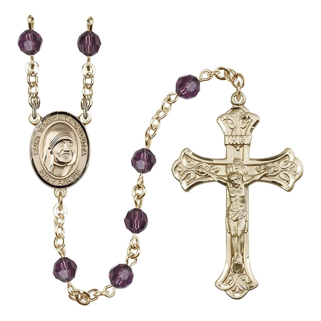 Bliss St. Teresa of Calcutta Crystal 14kt Gold-filled Rosary Amethyst 6mm Austrian Crystal Beads