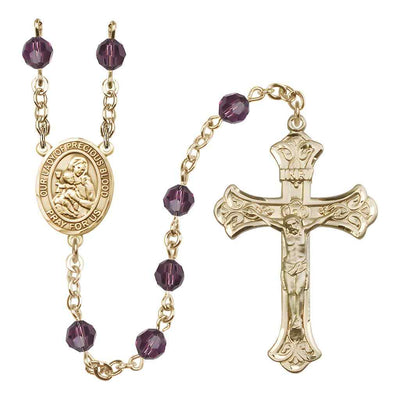 Our Lady of the Precious Blood Rosary with Gold-filled Scroll Crucifix and Centerpiece, Birthstone 6mm Austrian Crystal Amethyst Beads for February