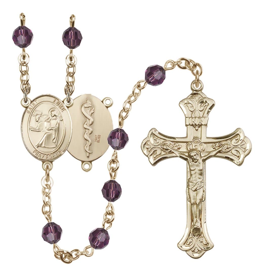 Bliss Doctor St Luke 14kt Gold Flared Tip Crucifix Crystal Rosary in Amethyst/Feb,