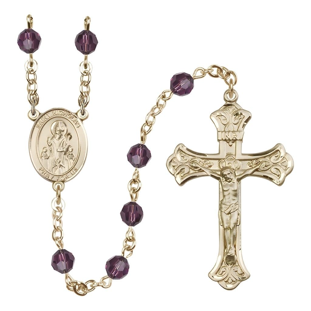 Bliss St. Nicholas Engravable Rosary with 14kt Gold Centerpiece and Scroll Design Crucifix, February Birthstone 6mm Amethyst Austrian Crystal Beads