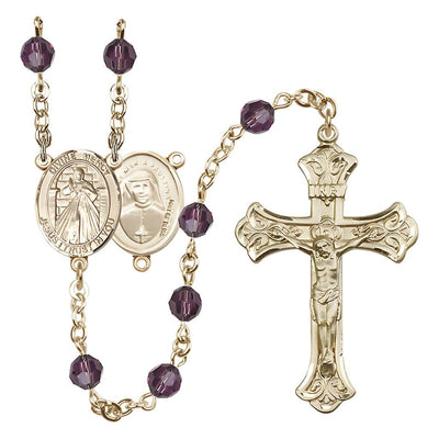 Jesus Divine Mercy Engravable Rosary with 14kt Gold Scroll Crucifix and Centerpiece, Birthstone 6mm Austrian Crystal Amethyst Beads for February, Bliss Manufacturing