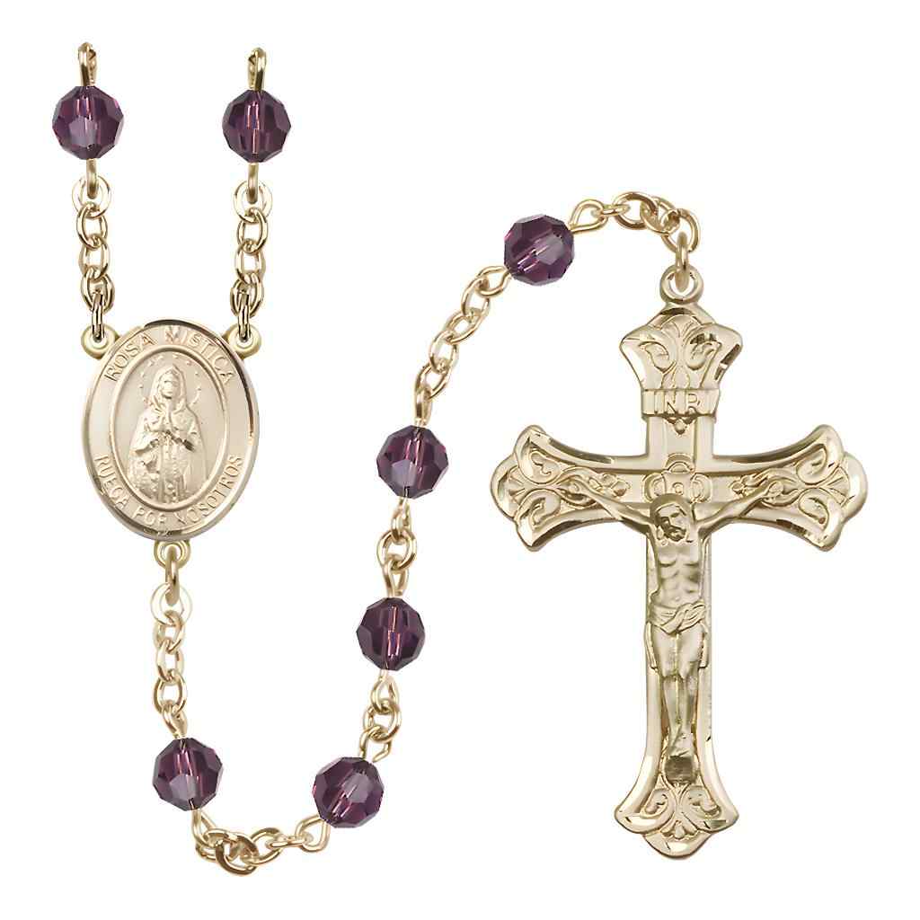 Rosa Mystica Rosary with 14kt Gold Scroll Crucifix and Centerpiece, Birthstone 6mm Austrian Crystal Amethyst Beads for February | Bliss Manufacturing