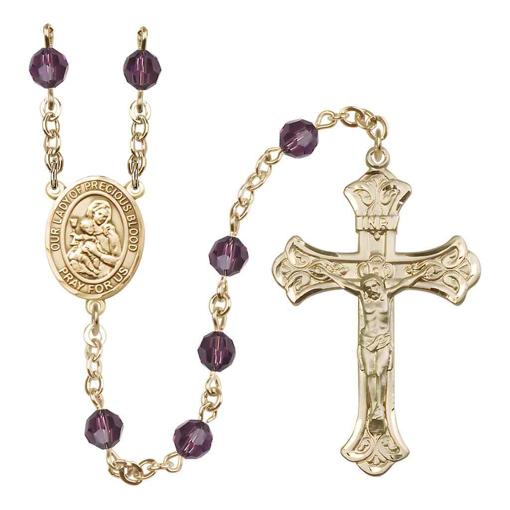 Our Lady of the Precious Blood Rosary with 14kt Gold Scroll Crucifix and Centerpiece, Birthstone 6mm Austrian Crystal Amethyst Beads for February