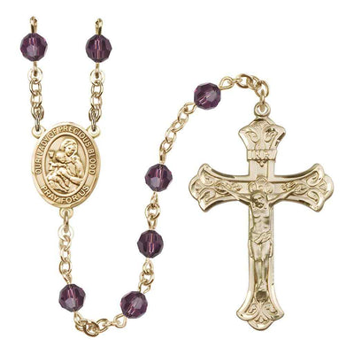 Our Lady of the Precious Blood Rosary with 14kt Gold Scroll Crucifix and Centerpiece, Birthstone 6mm Austrian Crystal Amethyst Beads for February