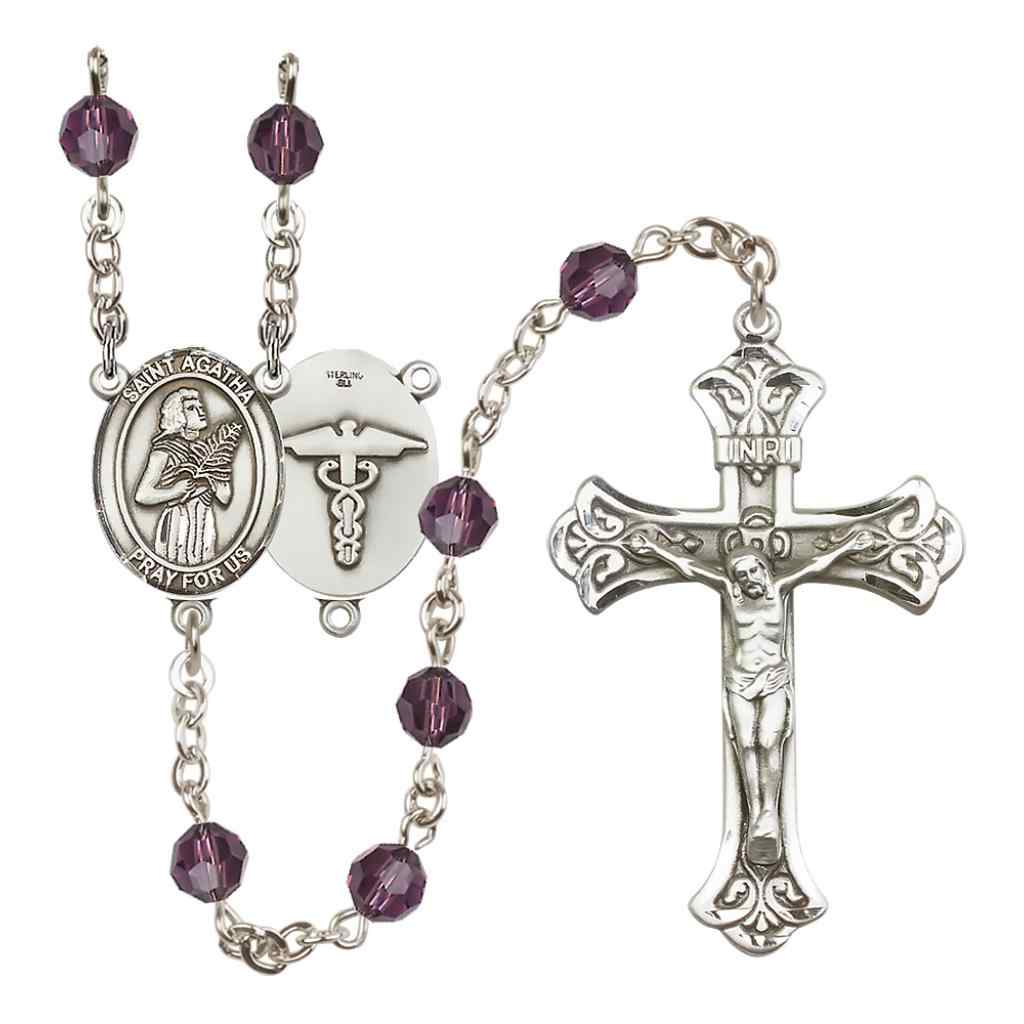 St. Agatha Nurse Sterling Silver 6mm Austrian Crystal Rosary