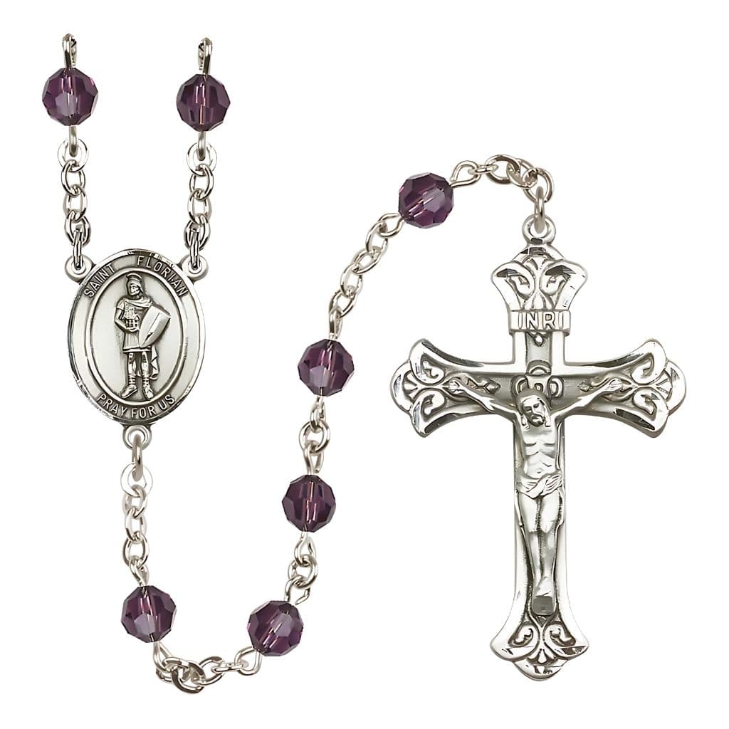 Bliss St Florian Sterling Silver Crystal Flared Crucifix Rosary in Amethyst February Birthstone,
