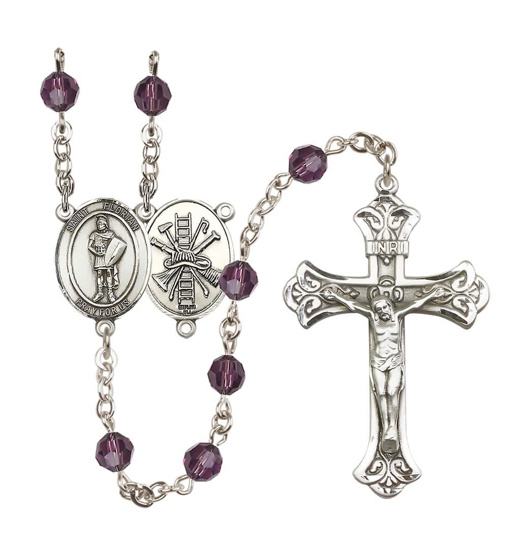 February Amethyst Bliss Manufacturing St Florian Firefighter Sterling Silver Crystal Flared Crucifix Birthstone Rosary,