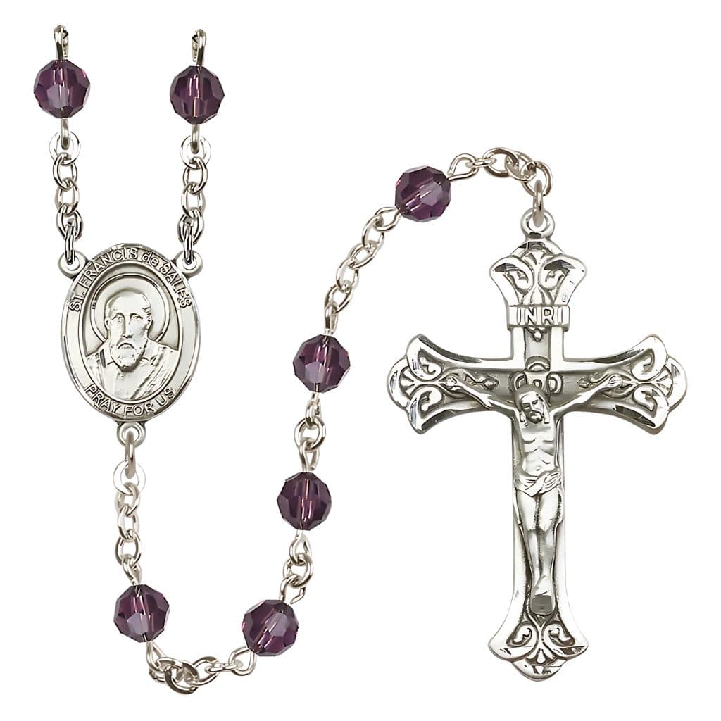 Bliss St. Francis de Sales Rosary with 6mm Amethyst Austrian Crystal Beads and Sterling Silver in gift box,