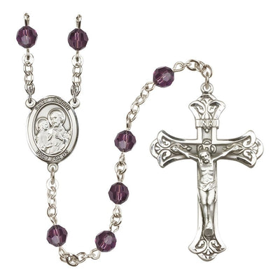 St. Joseph Rosary with Sterling Silver Scroll Crucifix and Centerpiece, Birthstone 6mm Austrian Crystal Amethyst Beads for February
